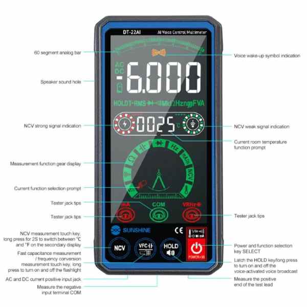 Sunshine DT-22AI Automatic Recognition True RMS Smart Voice Control Multimeter - Image 3