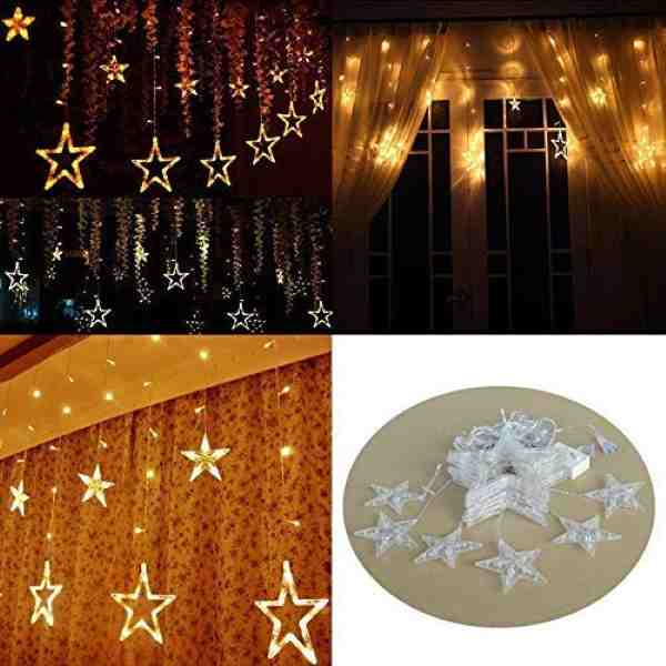 LED Curtain String Lights with 8 Flashing Modes (12 Stars, Warm White)